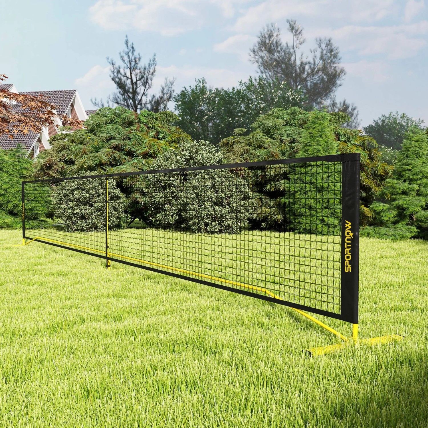 SPORTNOW Pickleball Netz in Gelb-Schwarz auf grünem Rasen. Robustes Metallgestell, Polyester-Netz für Sport & Fitness. Tragbar.