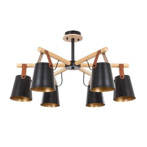 Arte Lamp Kronleuchter Thomas, 6-flammig. Schwarze Metallschirme mit Gold innen, Holzarmen, E27 Fassung. Modern.