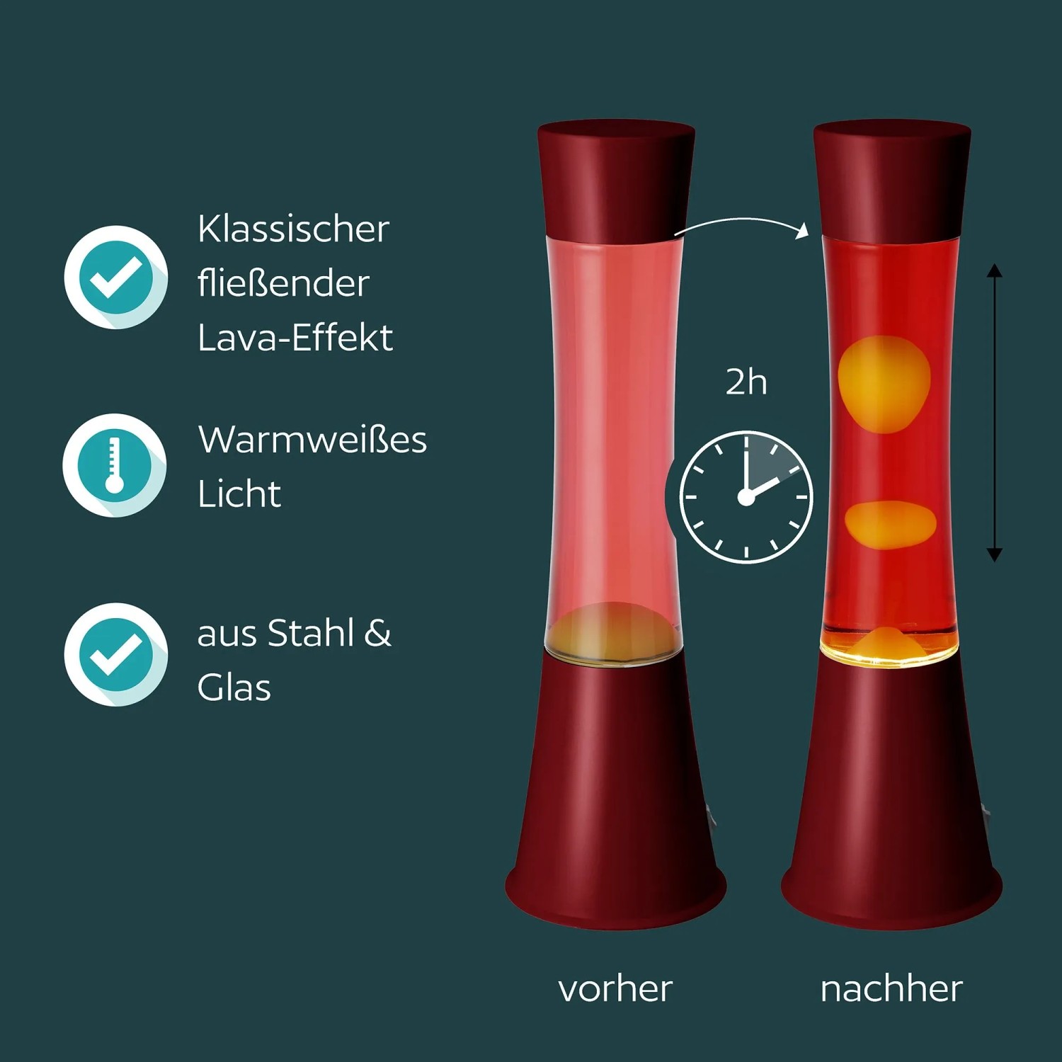 Eglo LED-Lavatischleuchte Bordeaux/Orange. Rote Flüssigkeit, orangefarbenes Wachs, fließender Lava-Effekt, warmweißes Licht.