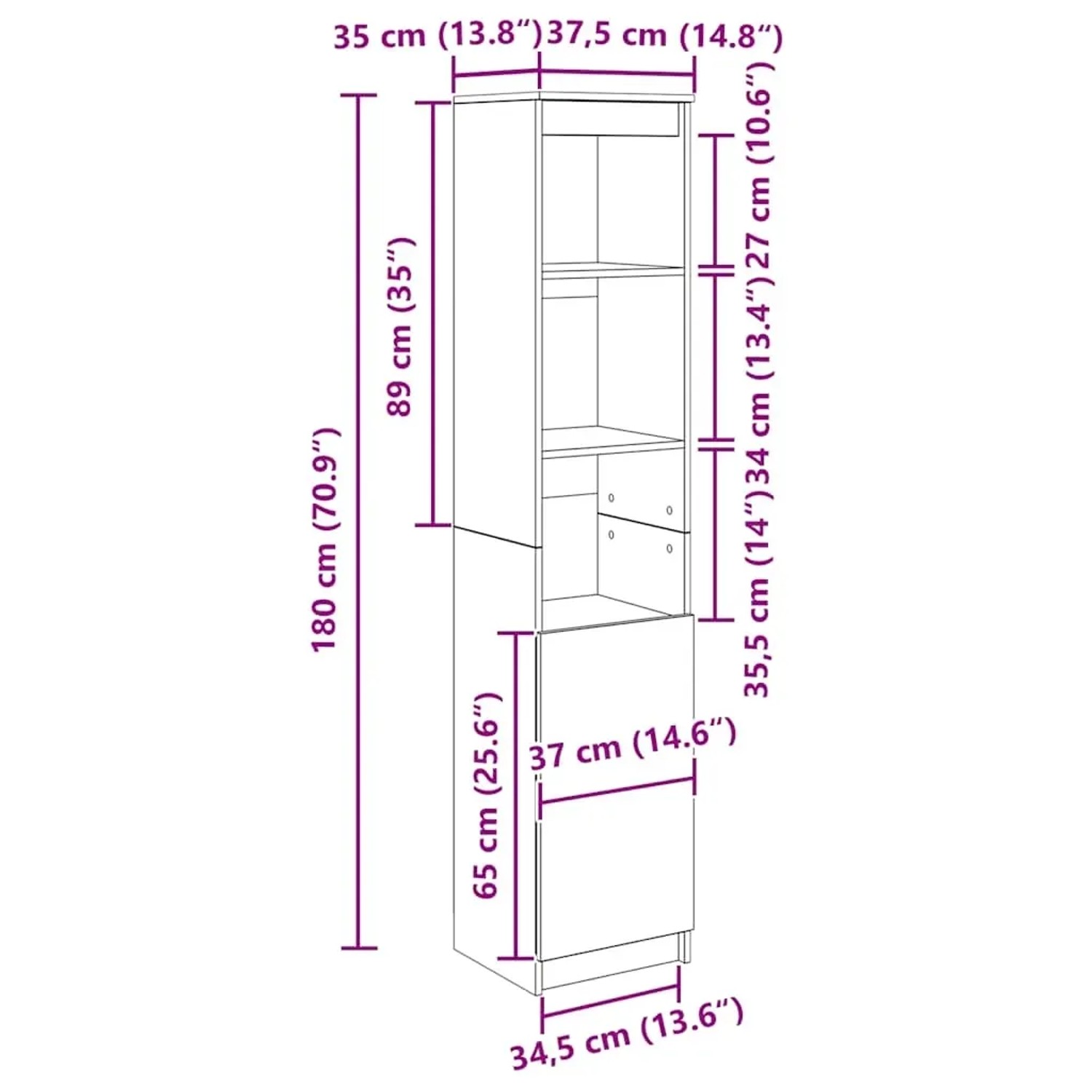 Weißes vidaXL Highboard (37,5x35x180 cm) aus Holzwerkstoff, ideal als Kommode oder Sideboard.