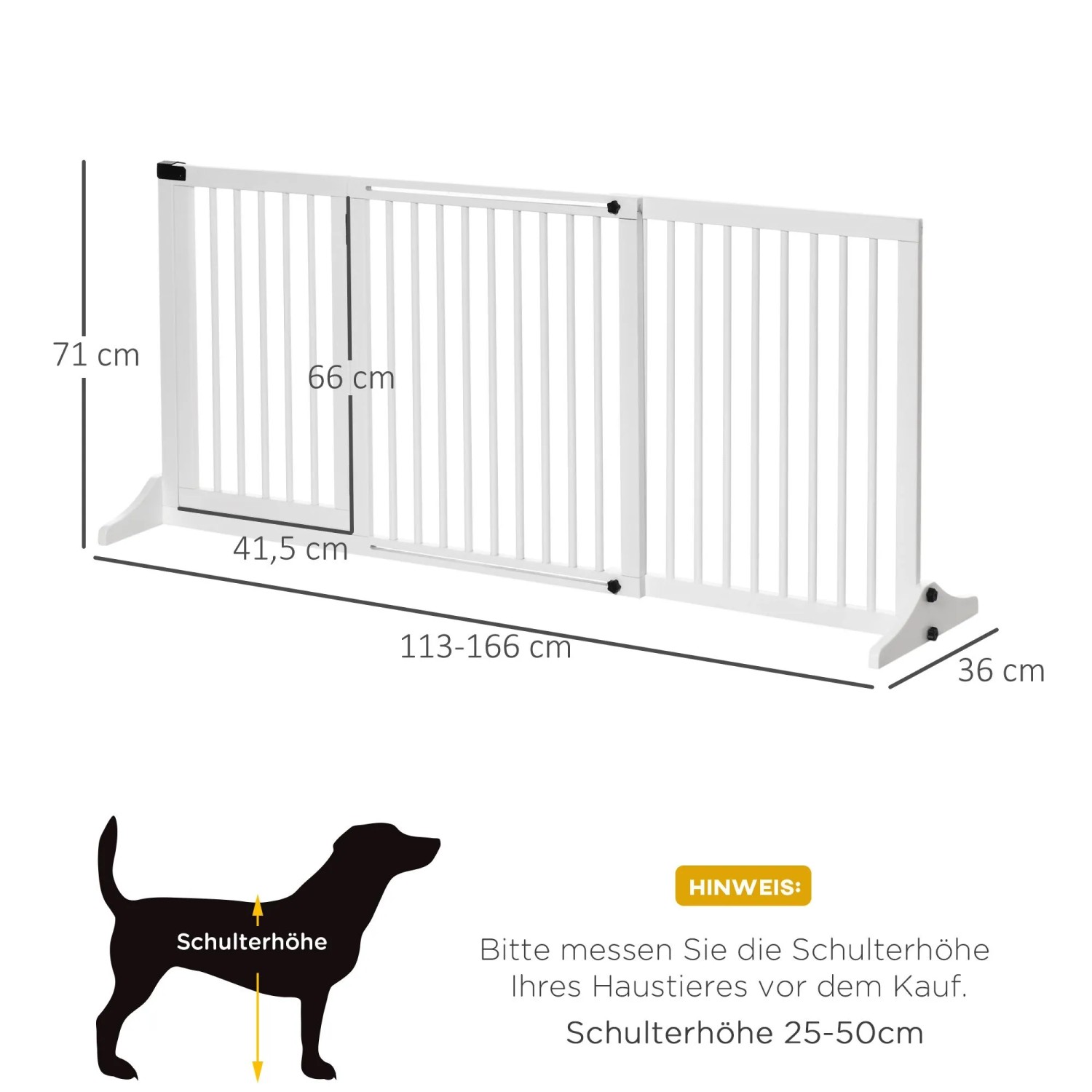 Weißes PawHut Holz-Absperrgitter für Hunde mit integrierter Tür, verstellbar 113-166x36x71 cm.