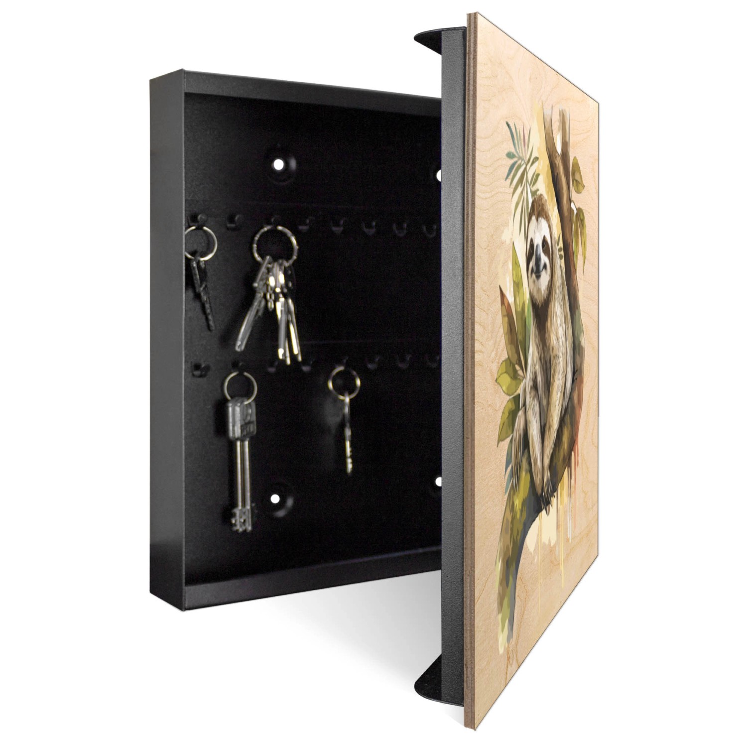 Offener, schwarzer Banjado Schlüsselkasten mit Faultier-Motiv auf Holzfront und Schlüsselhaken.