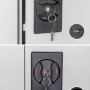 Detailaufnahme des Schlosses mit Schlüssel des lichtgrauen Rikta Metallschranks.
