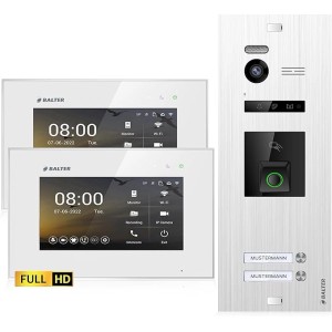 Balter EVO-HD Video-Türsprechanlage mit Fingerprint für 2 Familienhaus, Monitore in Silber-Weiß.