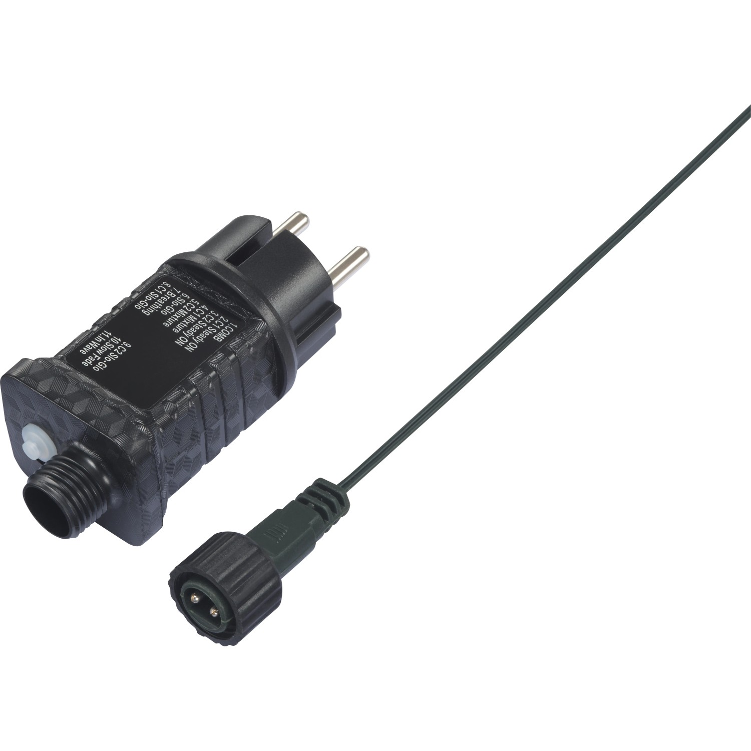 Netzteil und Stecker einer zweifarbigen Lichterkette mit 240 LEDs für den Außenbereich.