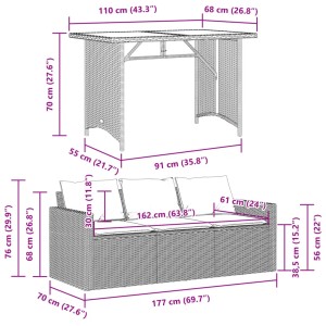 Graue 2-tlg. Garten Essgruppe aus Polyrattan mit Tisch und 3-Sitzer Sofa mit Kissen.