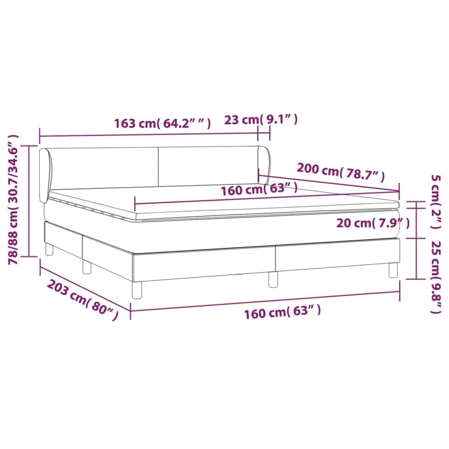 vidaXL Boxspringbett dunkelgrau 160x200 cm mit Matratze und Topper, Maße.