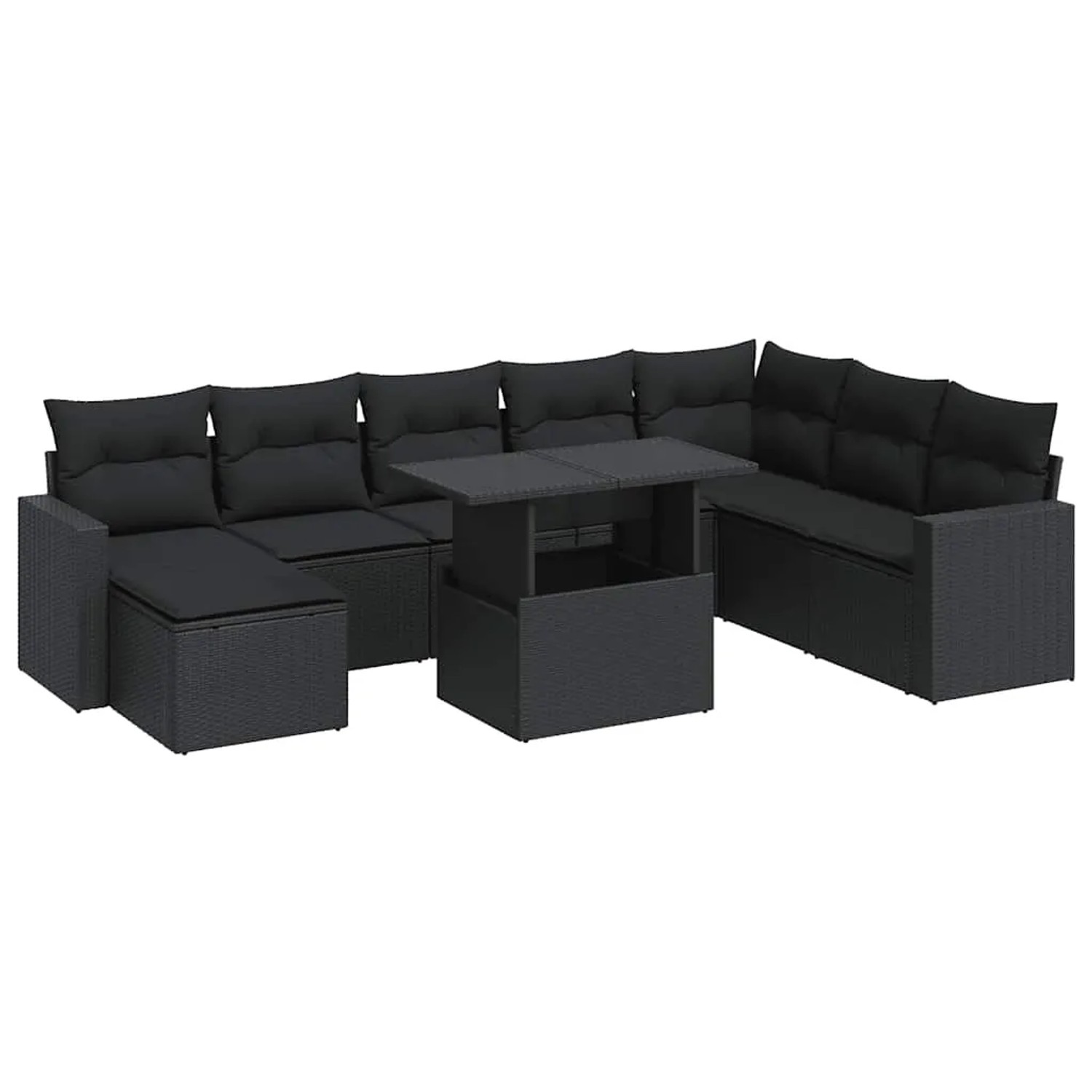 vidaXL 9-Tlg Garten-Sofagarnitur mit Kissen Schwarz Poly Rattan 3326366