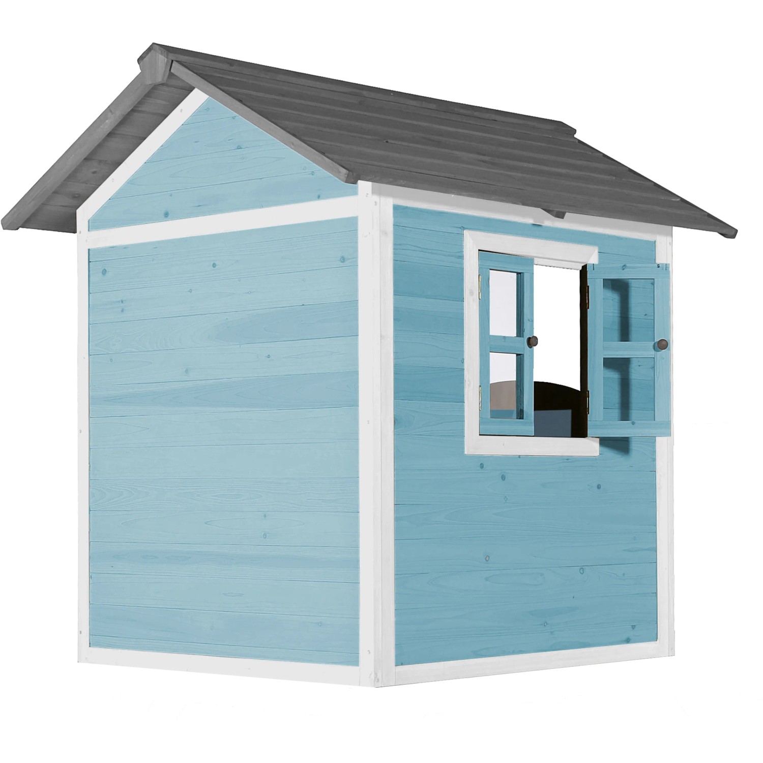 Axi Lodge Spielhaus Karibisches Blau mit Fenster und grauem Dach.