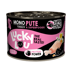 Dose Lucky Lou Katzen-Nassfutter SuperMono² Pute, Alleinfutter mit Pute und Superfoods.