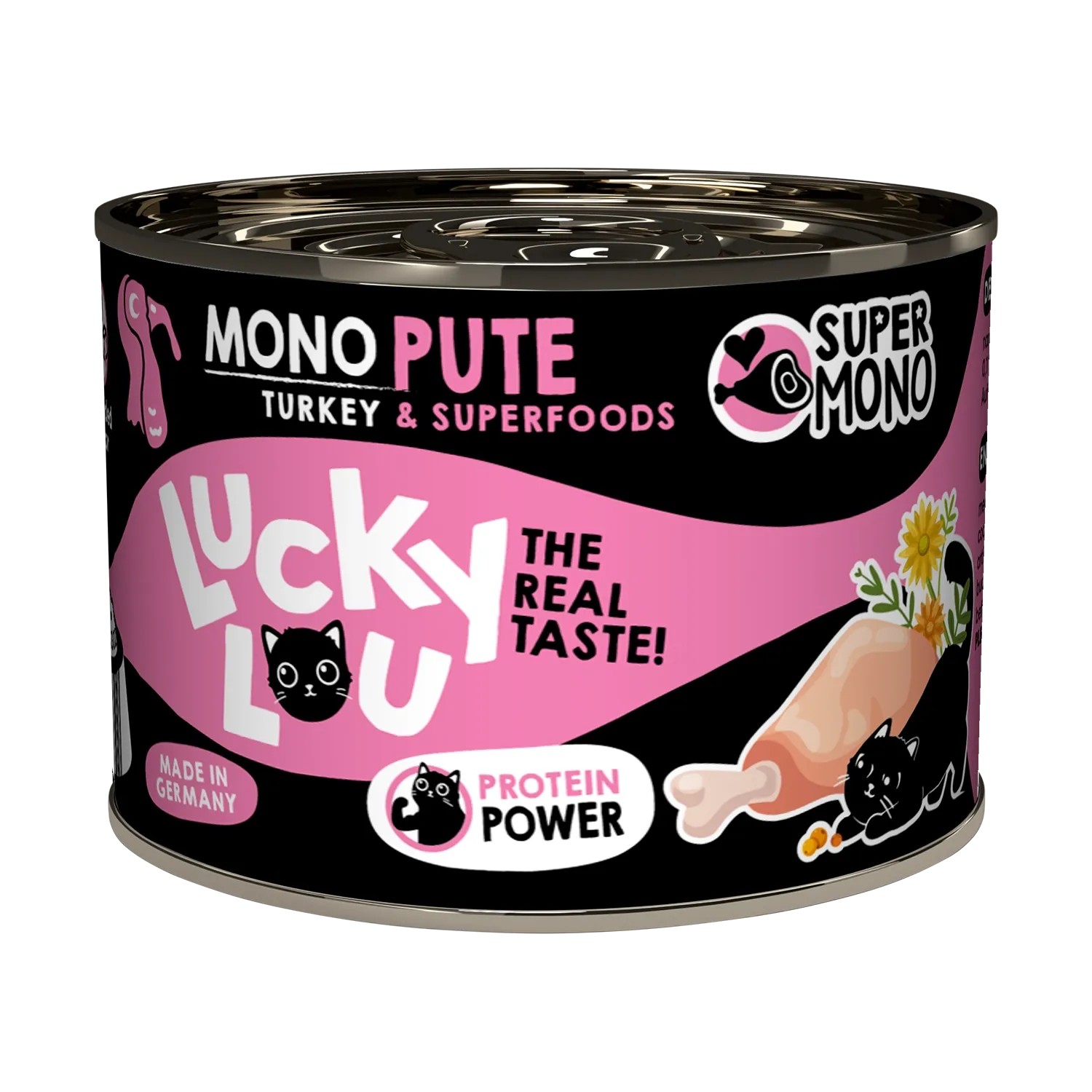 Dose Lucky Lou Katzen-Nassfutter SuperMono² Pute, Alleinfutter mit Pute und Superfoods.
