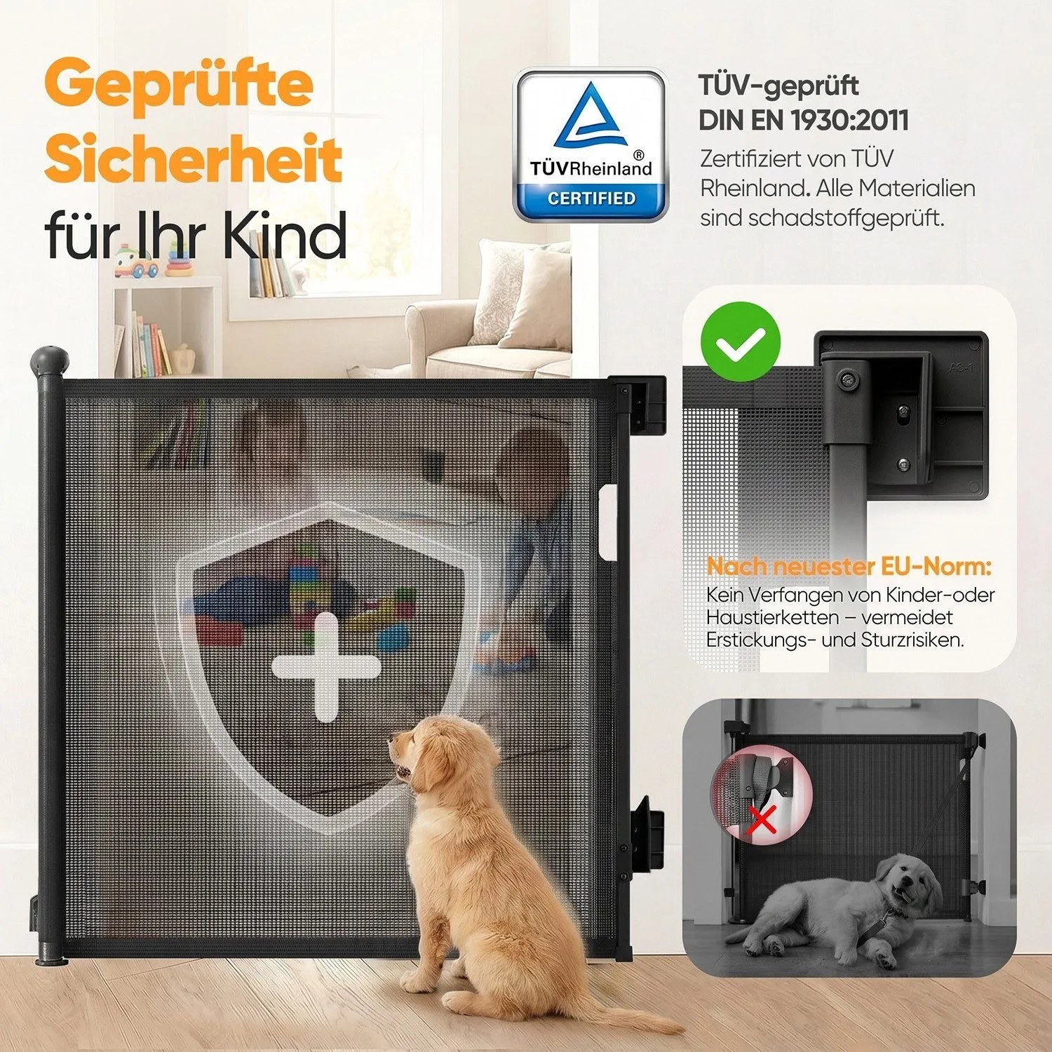 Schwarzes ausziehbares Treppenschutzgitter mit Mesh-Gewebe, schützt Kind & Hund. TÜV-geprüfte Sicherheit für Zuhause.