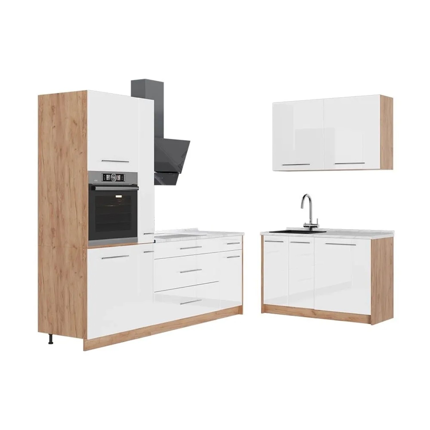 Vicco Küchenzeile Fame-Line Weiß Hochglanz/Goldkraft Eiche 220 x 207 AP Marmor Art Nr 64997