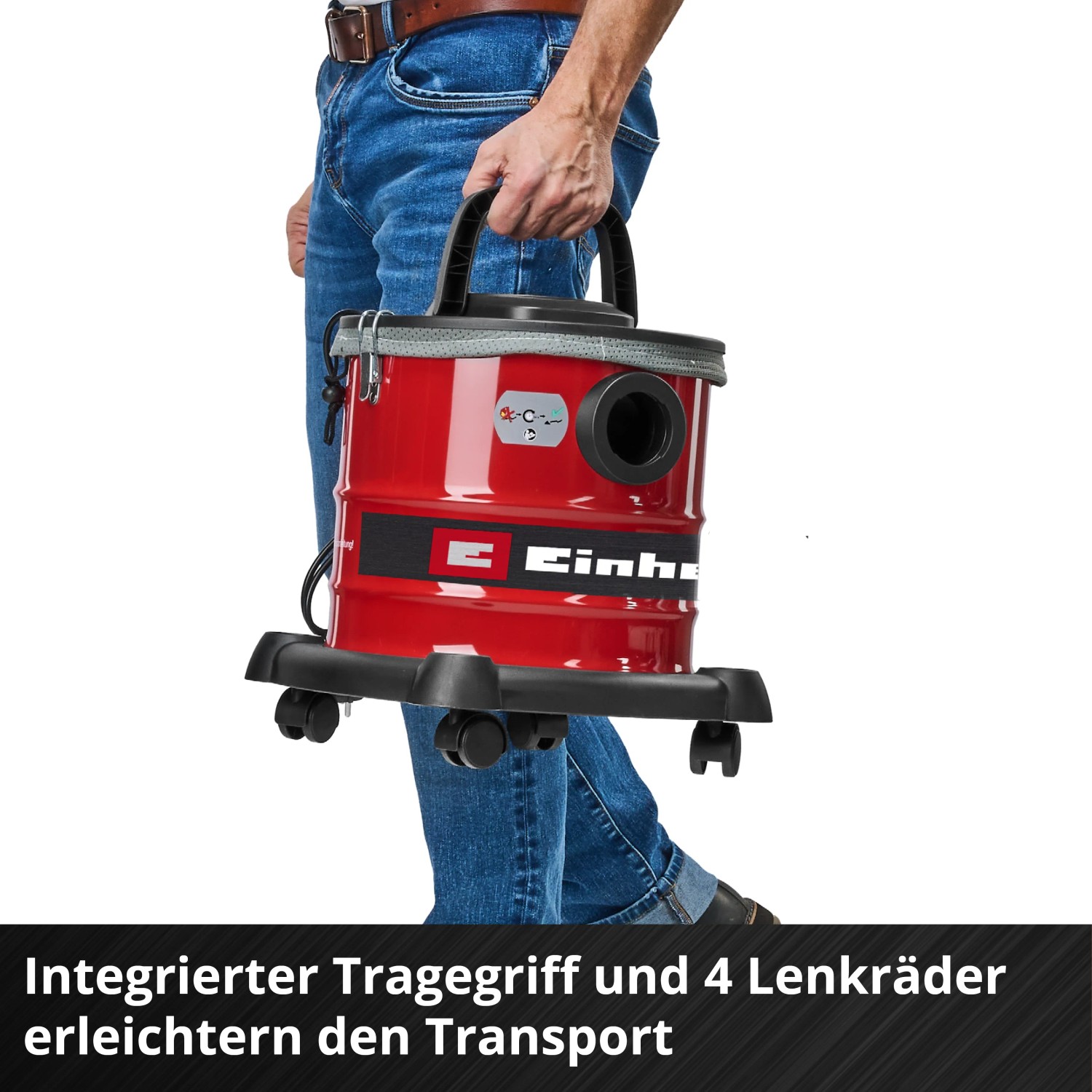 Einhell Aschesauger TC-AV 2032 DW, roter Aschestaubsauger mit Tragegriff und Rollen.