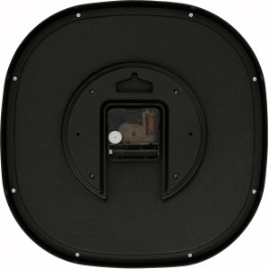 Rückseite der schwarzen Wall-Art Wanduhr mit runden Ecken, Details des Uhrwerks sichtbar.