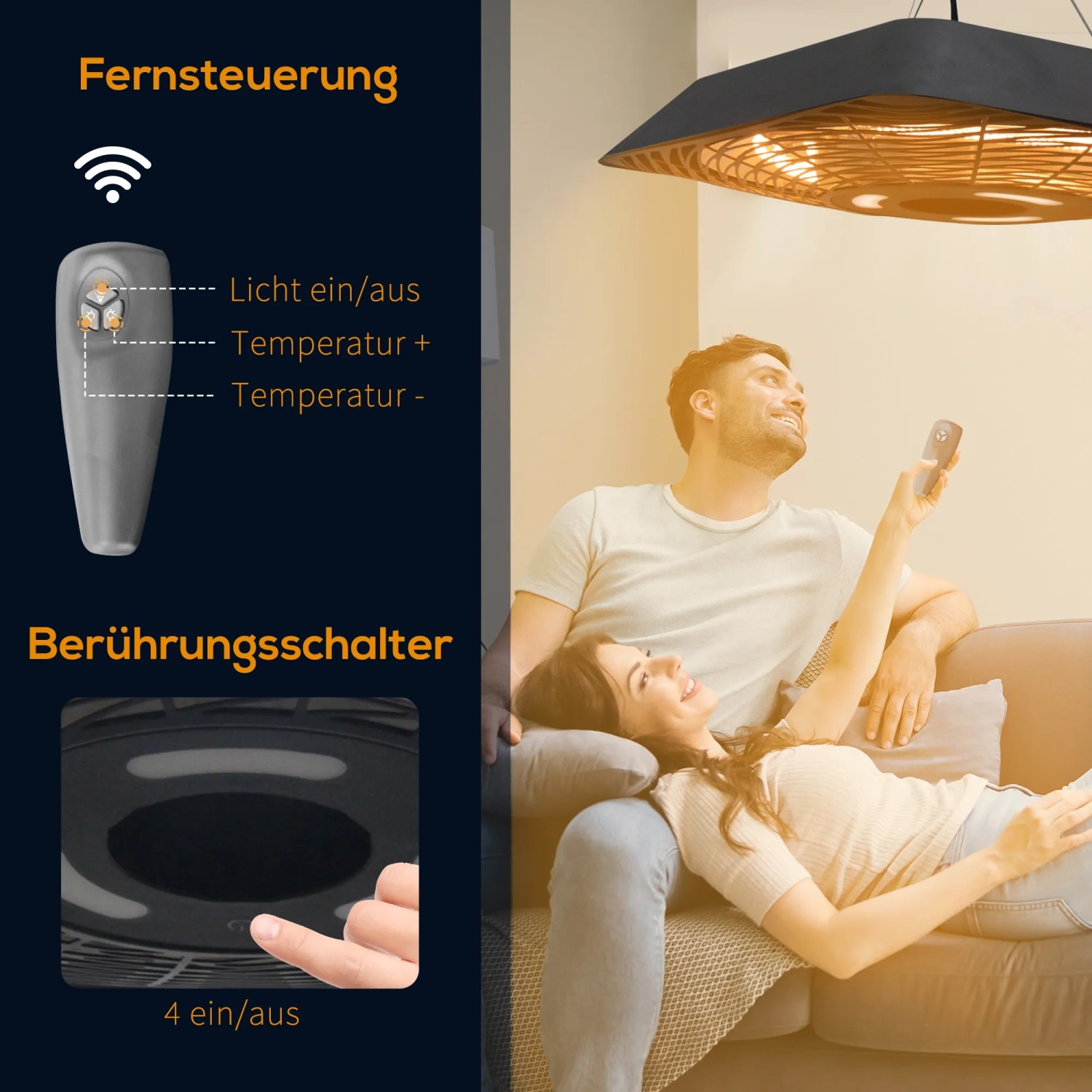 Outsunny Deckenheizstrahler schwarz, Alu/Glas, mit Fernbedienung und Touch-Schalter. Paar genießt Wärme drinnen.