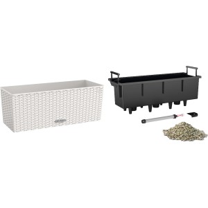 Lechuza Balconera Cottage 50, lichtgrau, mit Bewässerungssystem und Pflanzeinsatz.