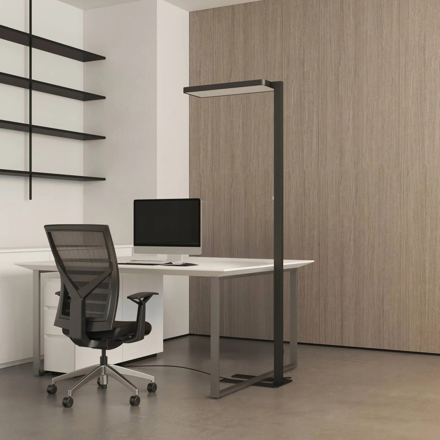 Moderne, dimmbare LED-Stehlampe Timon in Schwarz für das Arbeitszimmer.