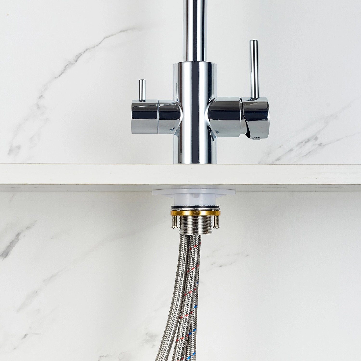 AICA Wasserhahn Chrom Küche Spültischarmatur 3-Wege mit Trinkwasserfilter 2-Hebel Design für Doppelspülen 360° Schwenkbar_3