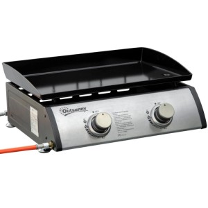 Outsunny Gasgrill mit 2 Brennern, schwarzer Antihaft-Platte und silbernem Stahlgehäuse. Kompakter Tischgrill.