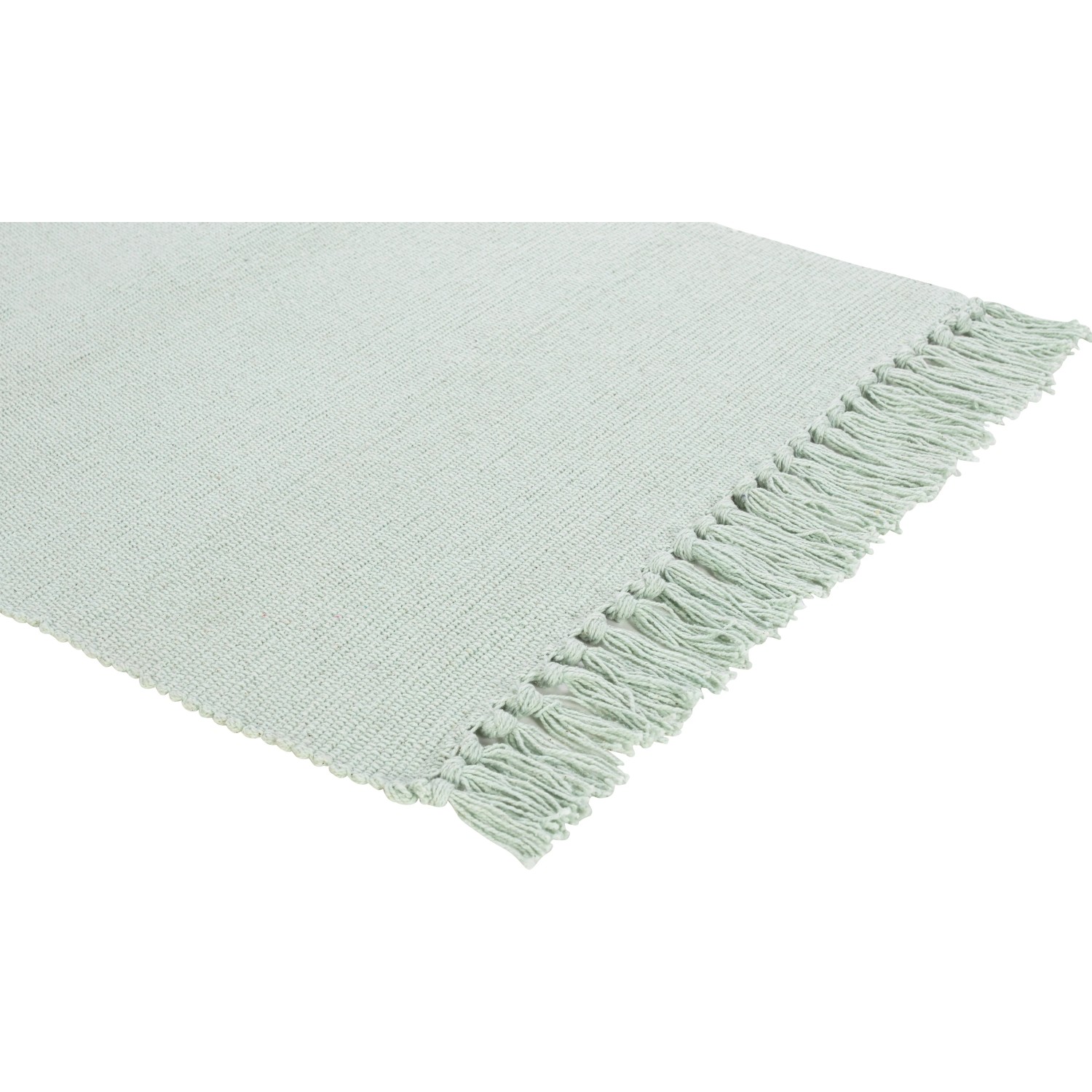 Mintfarbener Baumwollteppich (50x80 cm) mit Fransen. Uni-Design, ideal für Wohn- und Schlafzimmer.