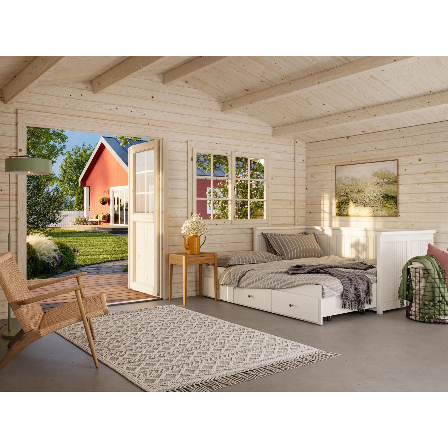 Innenansicht Palmako Gartenhaus Britta, grau-anthrazit lackiert, mit Möbeln eingerichtet.