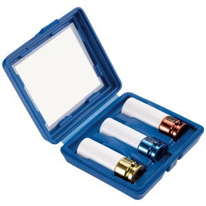 3-teiliges Alu-Felgen Stecknussset (12,5 mm) in blauer Kunststoffbox. Steckschlüssel in Gold, Blau und Kupfer.