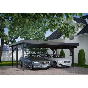 Doppelcarport Kiehn-Holz KH 311, anthrazit, mit zwei parkenden PKWs.