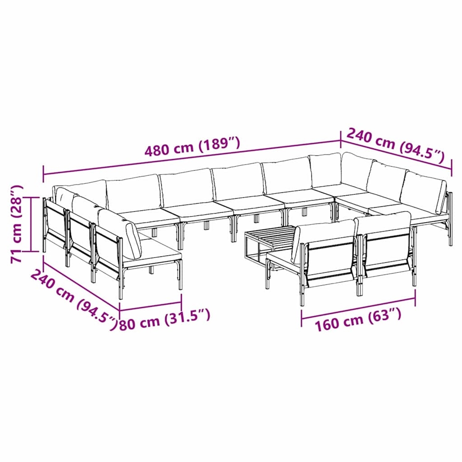 vidaXL Garten-Sofa-Set, 13-teilig, Anthrazit, Stahl, mit Maßangaben.