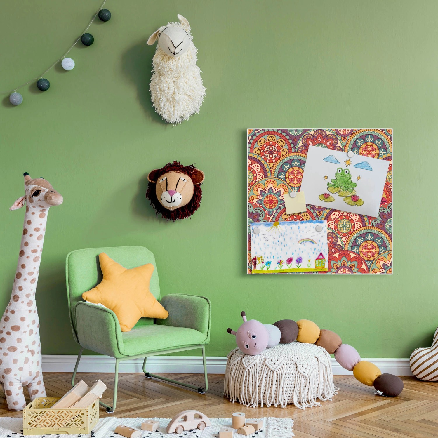 Banjado Magnettafel 50x50 cm mit Rosetten-Motiv als Wanddekoration im Kinderzimmer.