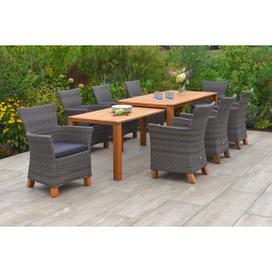 Merxx Toskana 9-tlg. Gartenmöbel-Set mit grauem Geflecht, Akazienholz und ausziehbarem Tisch.