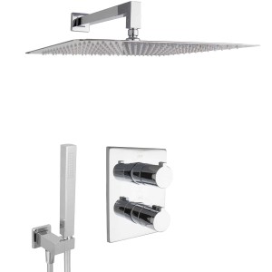 PaulGurkes Thermostat Duschset mit großer, eckiger Regenbrause und Handbrause, verchromt.