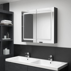 vidaXL LED-Spiegelschrank, glänzend schwarz, 80x68cm, mit zwei Spiegeltüren und integrierter Beleuchtung.