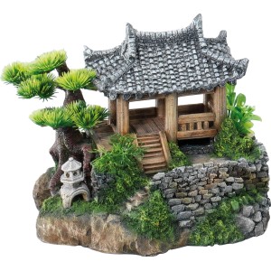 Ebi Dekor Korean-Cottage, Dekofigur für Aquarien mit Landhaus-Motiv und Garten auf Felsen.