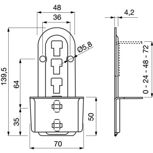 Technische Zeichnung: Höhenverstellbarer Bettverbinder/Lattenrostauflage aus verzinktem Stahl, Maße.