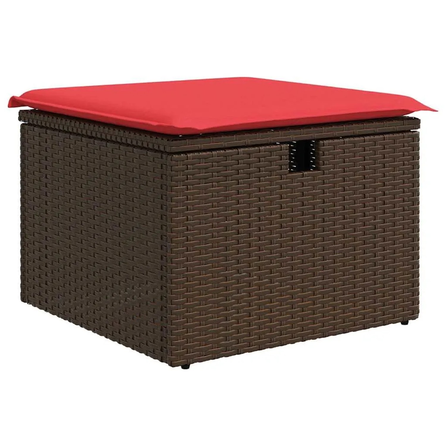 Brauner vidaXL Gartenmöbel Hocker aus Rattan mit rotem Kissen. Teil einer Sofagarnitur.