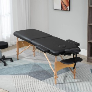 Klappbarer, höhenverstellbarer Massagetisch mit Kopfstütze aus Kunstleder und Holz.