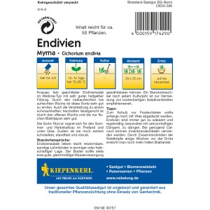 Kiepenkerl Endivien Myrna Samenpackung, Detailinfos zu Aussaat, Keimung, Kultur und Erntezeiten.
