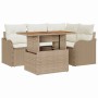 Beiges 5-teiliges Gartensofa-Set mit Kissen und Tisch aus Poly Rattan für bis zu 6 Personen.