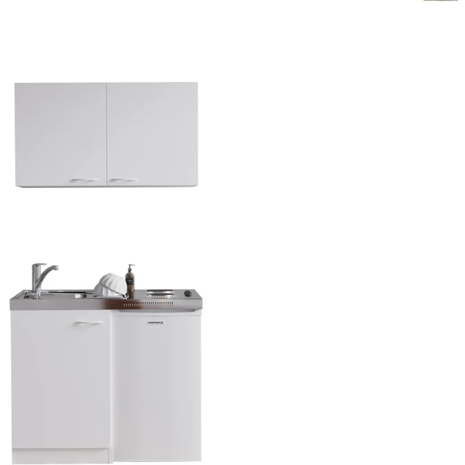 Respekta Miniküche MK100WOS, 100 cm, Weiß, mit Kühlschrank, Kochfeld, Ober- und Unterschrank.