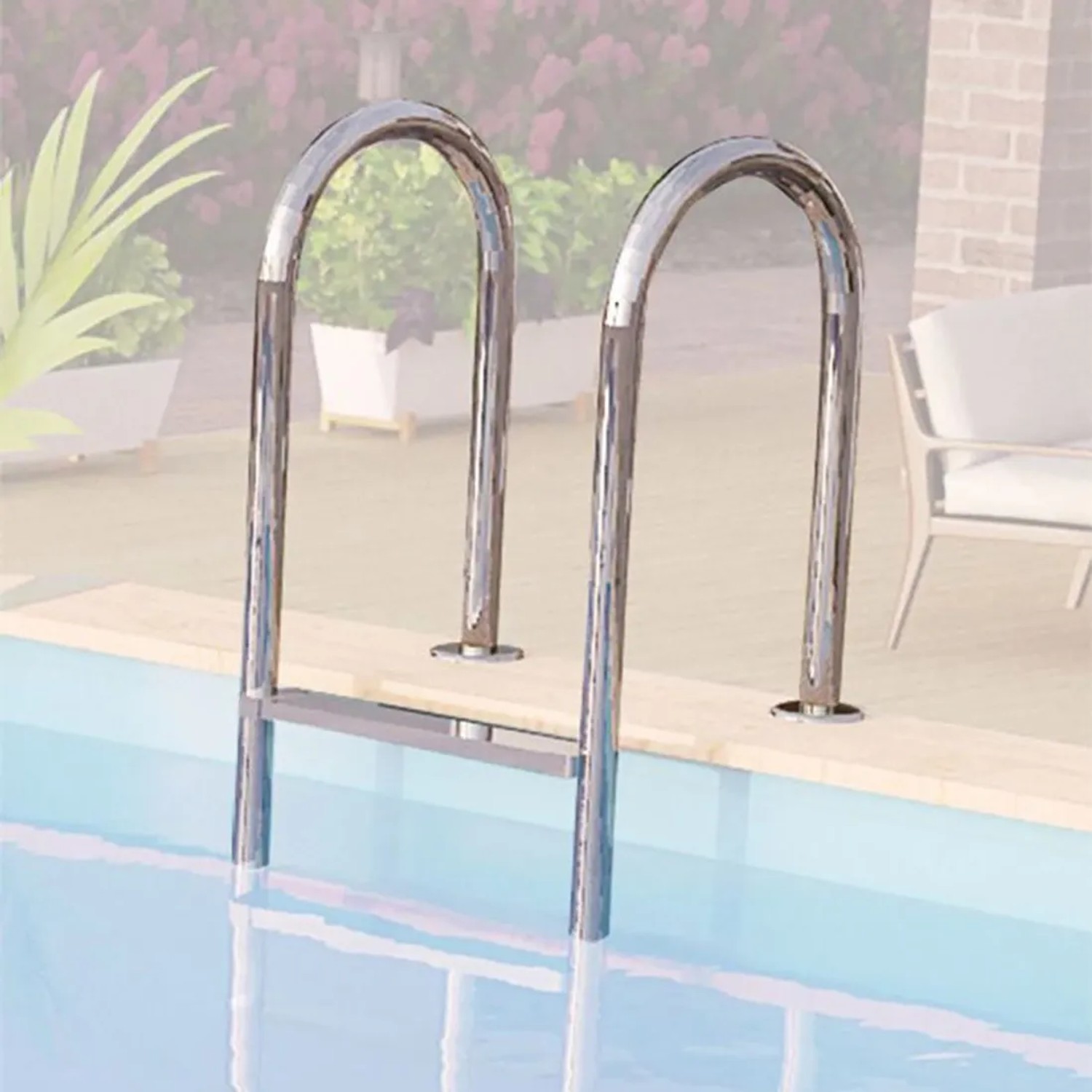 Edelstahl Einhängeleiter für Karibu Holzpool Set A, Detailaufnahme.