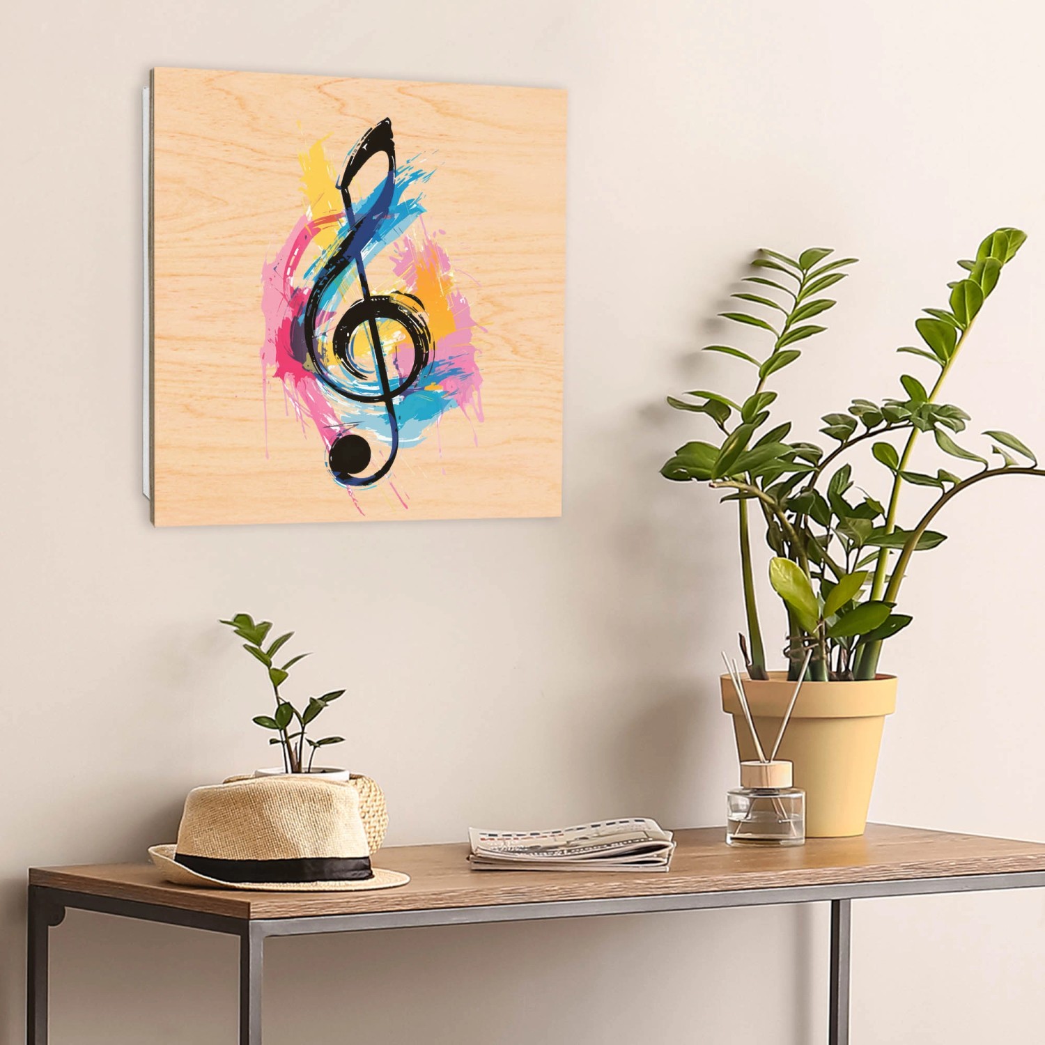 Banjado Schlüsselkasten mit bunter Notenpalette auf Holzfront, 30x30cm. Schlüsselaufbewahrung für die Wand.