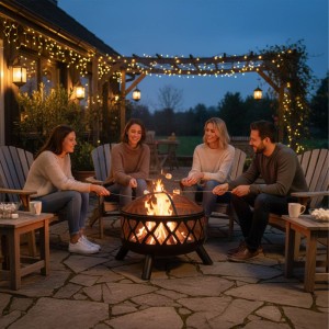Relaxdays Feuerschale mit Funkenschutz, Stahl schwarz, mit Personen beim Marshmallow rösten.