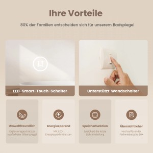 Emke Badspiegel Vorteile: Touchschalter, Wandschalter, umweltfreundlich, energiesparend, Speicherfunktion, übersichtlich.