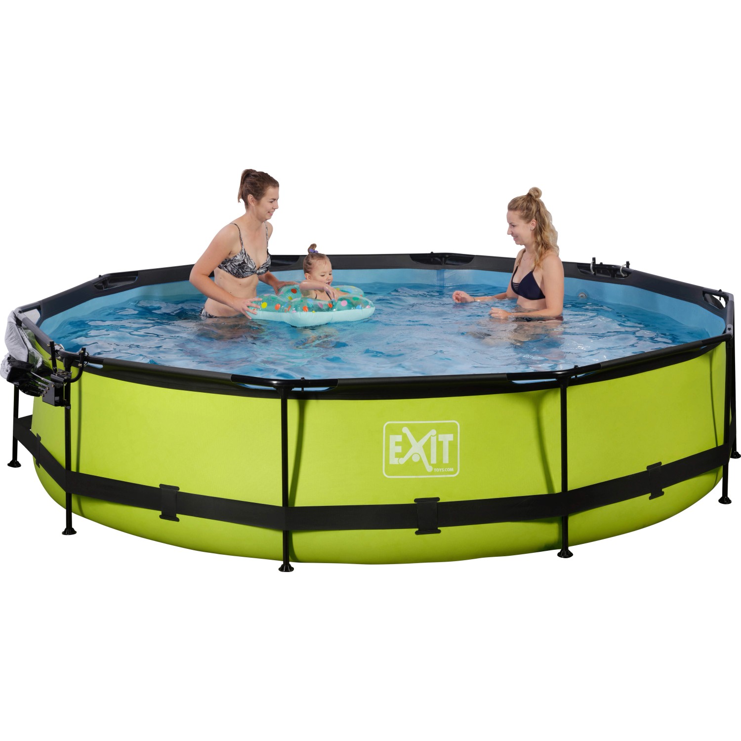 Grüner EXIT Lime Pool ø 360 cm mit Filterpumpe und Abdeckung, genutzt von drei Personen.