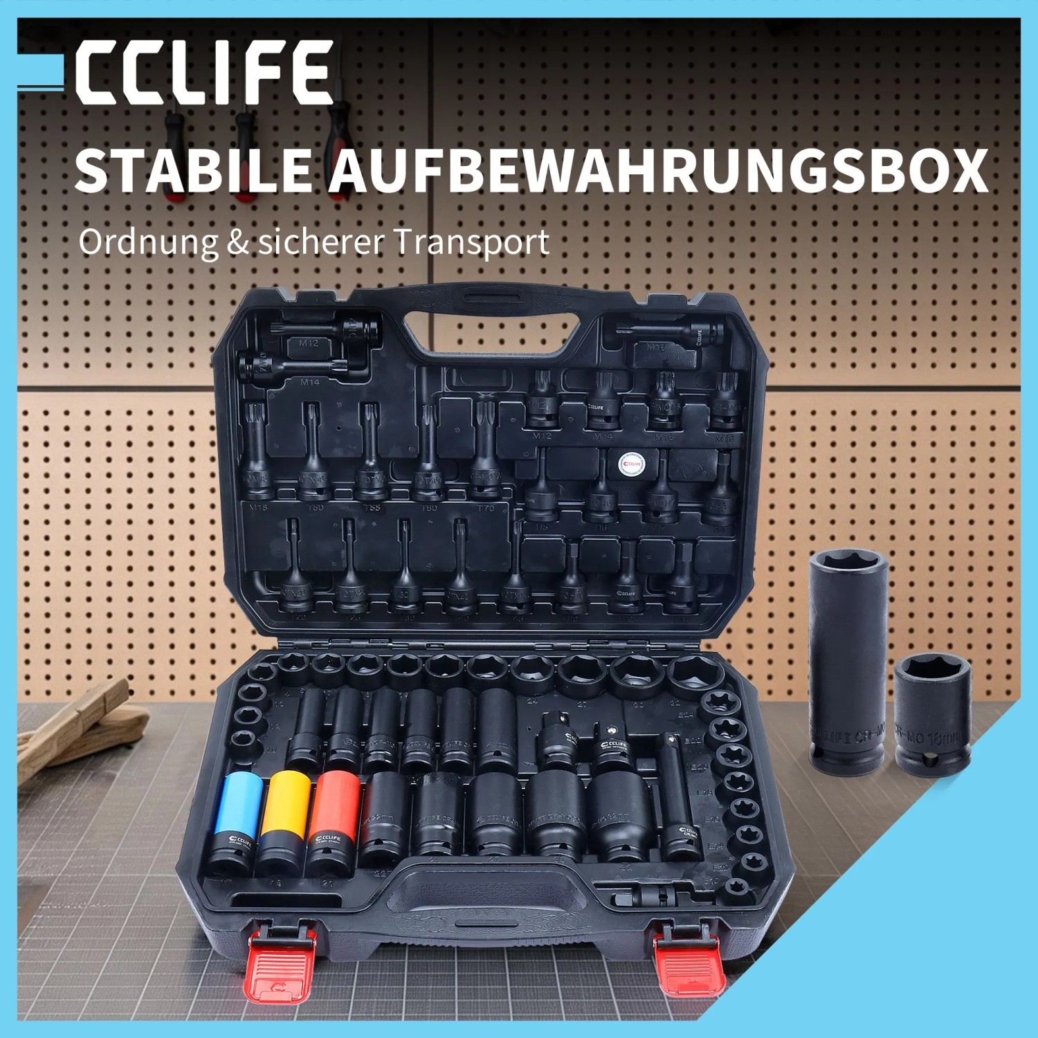 CCLIFE 64-tlg. Schlagschrauber Nüsse Set in offener schwarzer Aufbewahrungsbox. 1/2 Zoll Cr-Mo Stecknüsse, farbige Radnüsse.