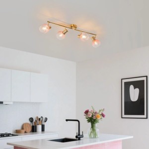 Art Deco Deckenleuchte Vidro mit 4 rosa Glas Spots und goldener Fassung.