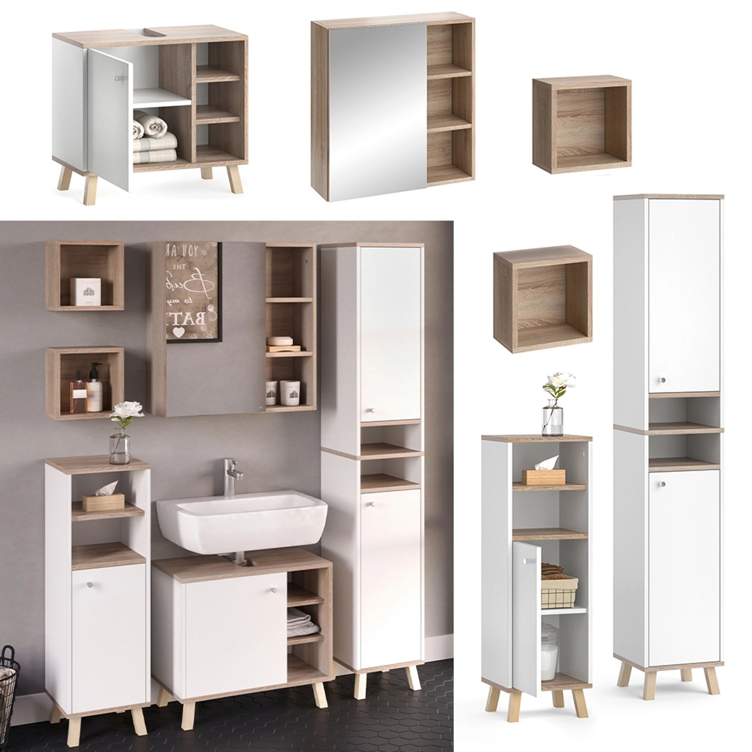 Vicco Badmöbel-Set Senyo, 5-teilig, Weiß/Sonoma: Waschbeckenunterschrank, Spiegel-, Hoch- und Midischrank, Regal.