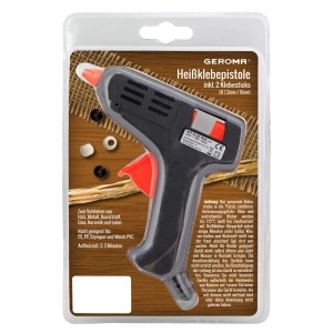 Heißklebepistole 10W mit 2 Klebesticks im Blisterpack. Ideal für Bastel- und Heimwerkerarbeiten.