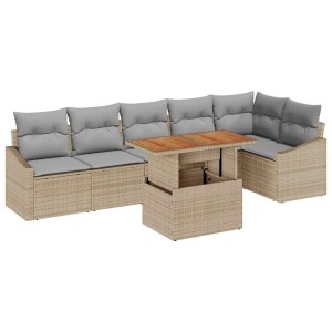 Beige-graue 7-teilige vidaXL Garten Essgruppe mit Kissen und Stauraum.